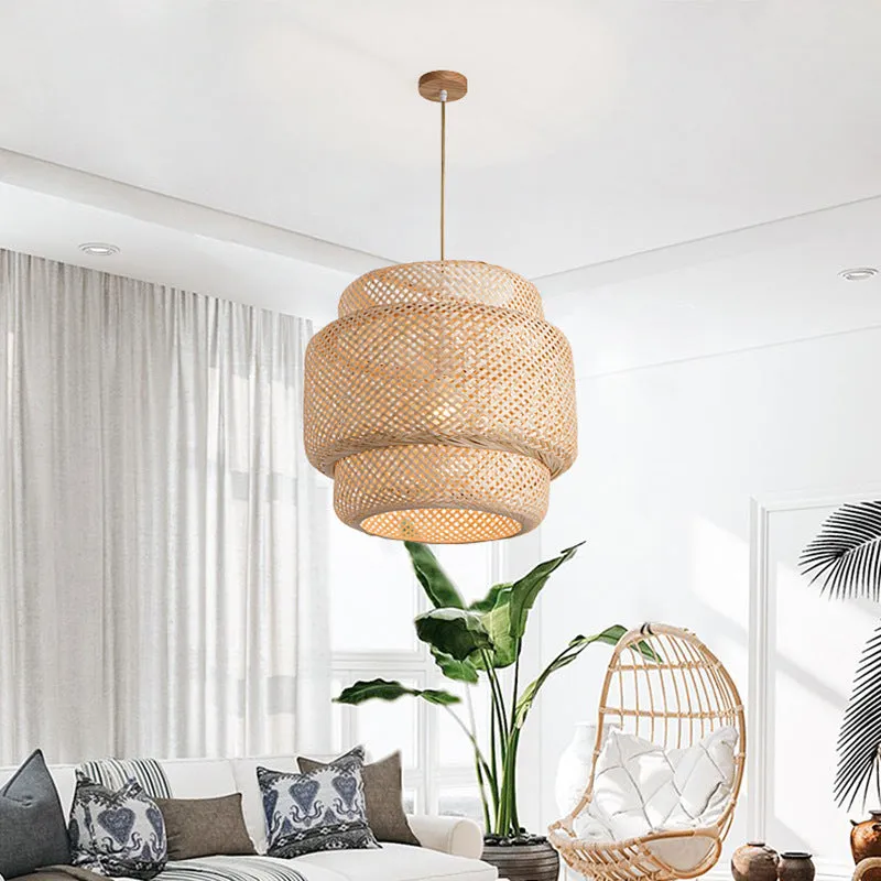 Multi-Tier Woven Rattan Drum Pendant