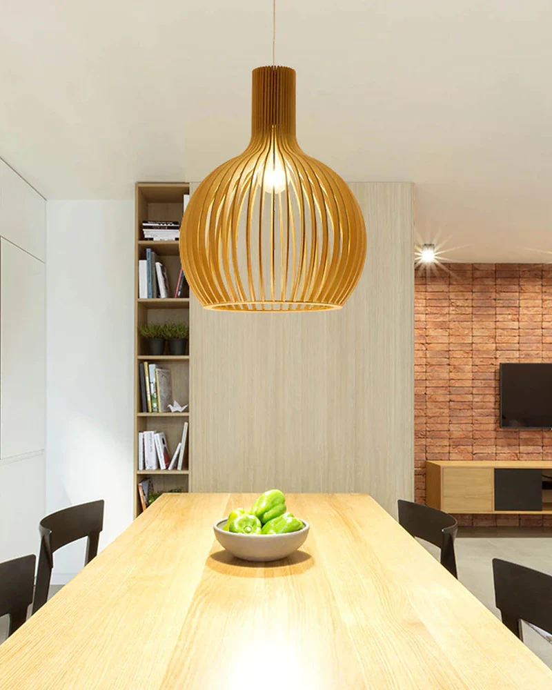 Wooden Slat Teardrop Cage Pendant Light