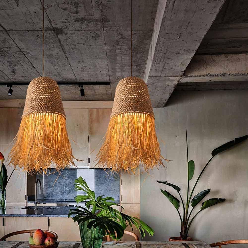 Tropical Woven Straw Fringe Pendant Light