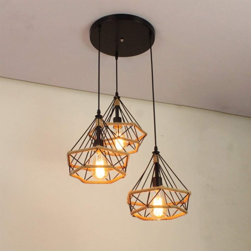 3-Head Industrial Cage Pendant Light with Rope Detail - Image 2