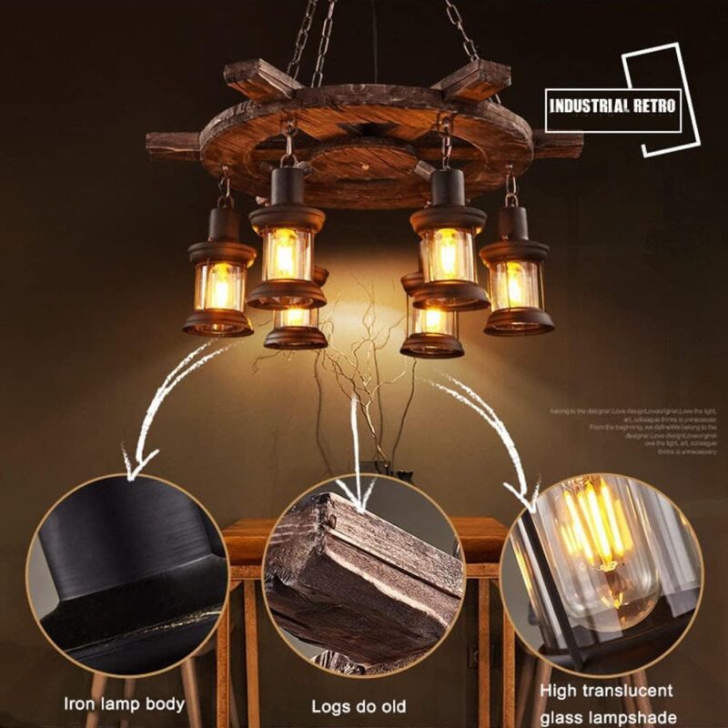 Rustic Wagon Wheel Lantern Chandelier – Wood & Iron | 6 Lights - Image 7