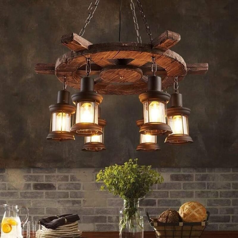 Rustic wagon wheel chandelier with 6 lantern-style hanging lights in wood and iron – Bachir Lights Lebanon