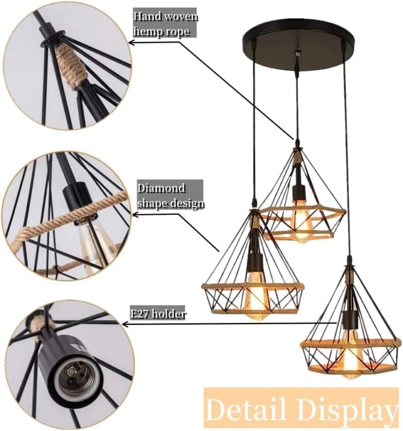 3-head black industrial cage pendant light with rope accents and 25cm wireframe shades – Bachir Lights Lebanon