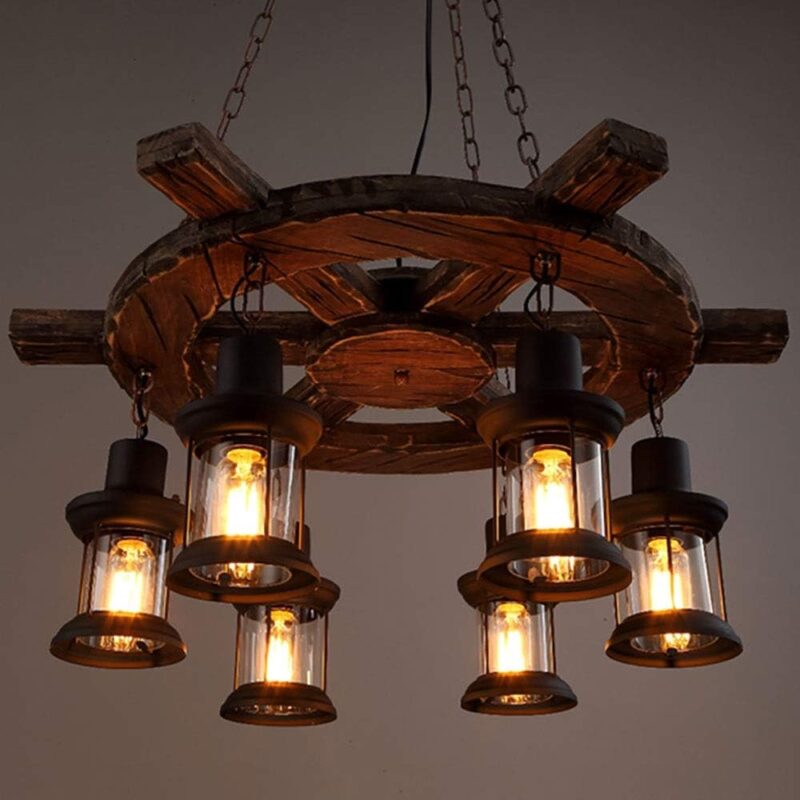 Rustic Wagon Wheel Lantern Chandelier – Wood & Iron | 6 Lights - Image 4