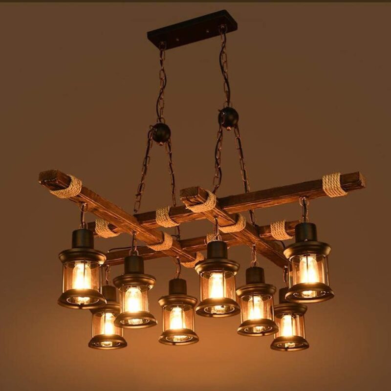 Rectangular 8-light rustic chandelier with wooden frame, rope accents, and hanging lantern-style glass lamps – Bachir Lights Lebanon