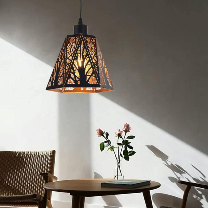 Forest silhouette pendant light with tree-cut black metal shade and gold interior – Bachir Lights Lebanon