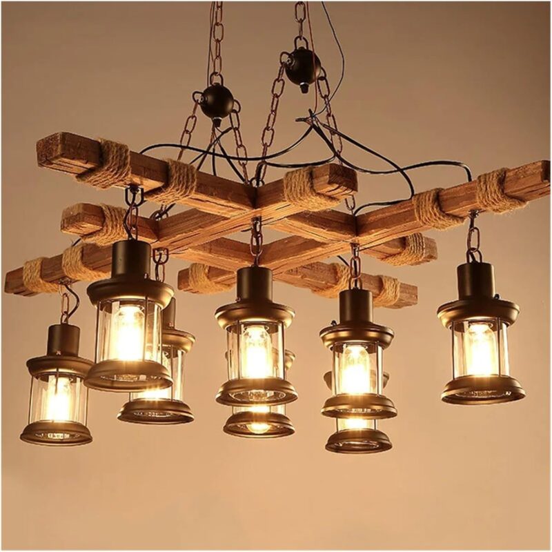 Rectangular 8-light rustic chandelier with wooden frame, rope accents, and hanging lantern-style glass lamps – Bachir Lights Lebanon