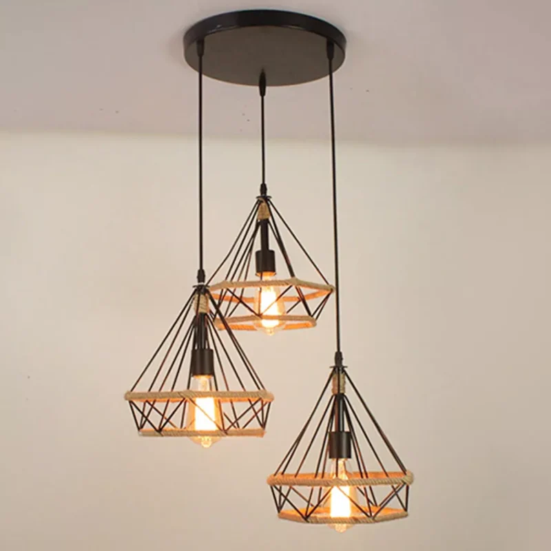 3-head black industrial cage pendant light with rope accents and 25cm wireframe shades – Bachir Lights Lebanon
